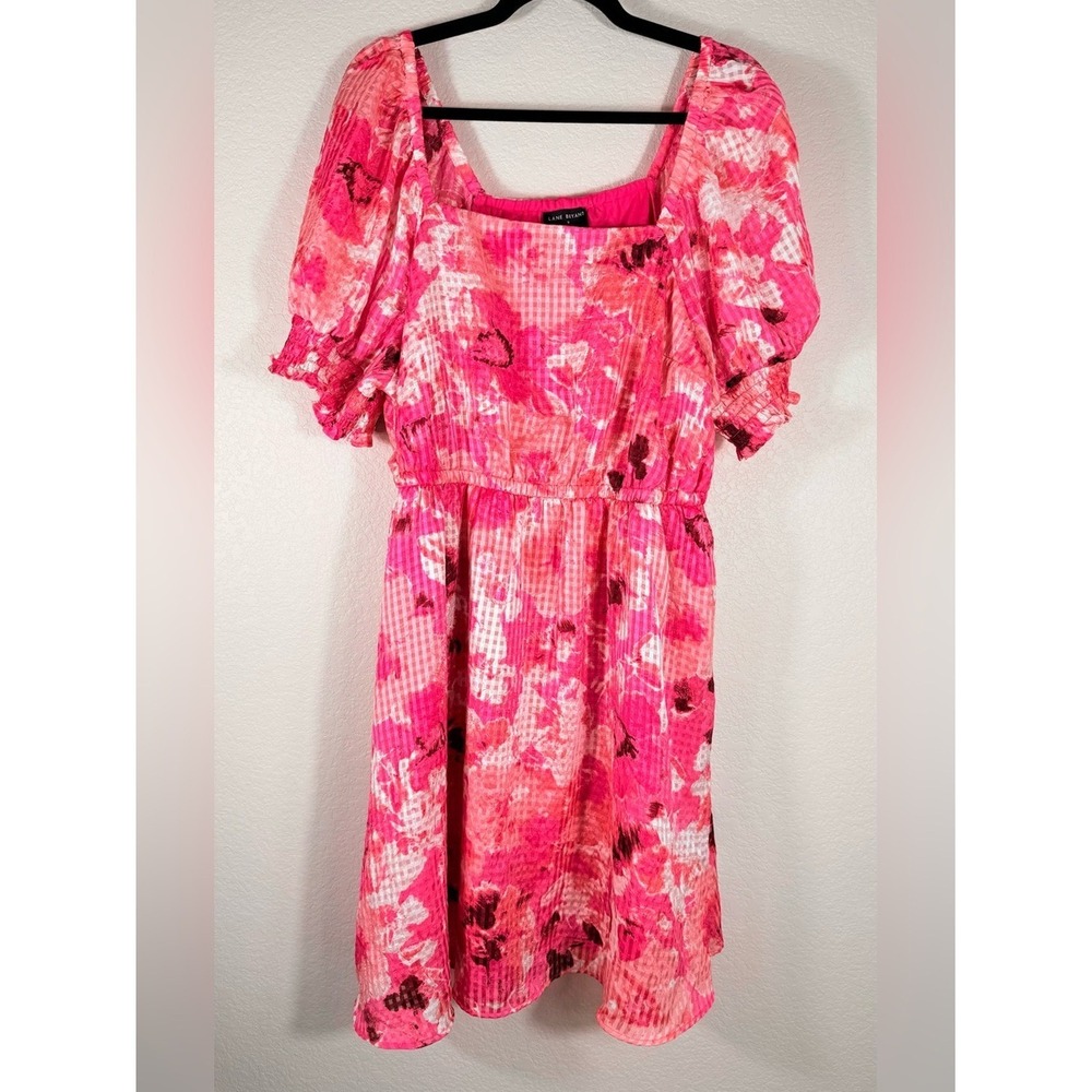 Lane Bryant Womens 18 Hot Pink Floral Puff Sleeve Peasant Boho Summer Dress